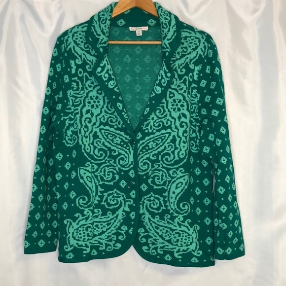 Isaac Mizrahi Live Green Paisley Cardigan Blazer Sweater Size 1X - Picture 1 of 12